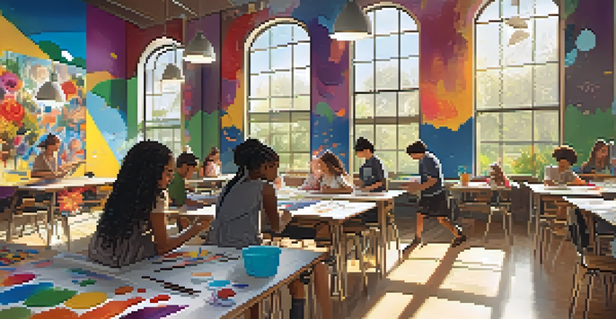 A bright classroom with students collaborating on a mural, surrounded by colorful art supplies and previous artworks on the walls.