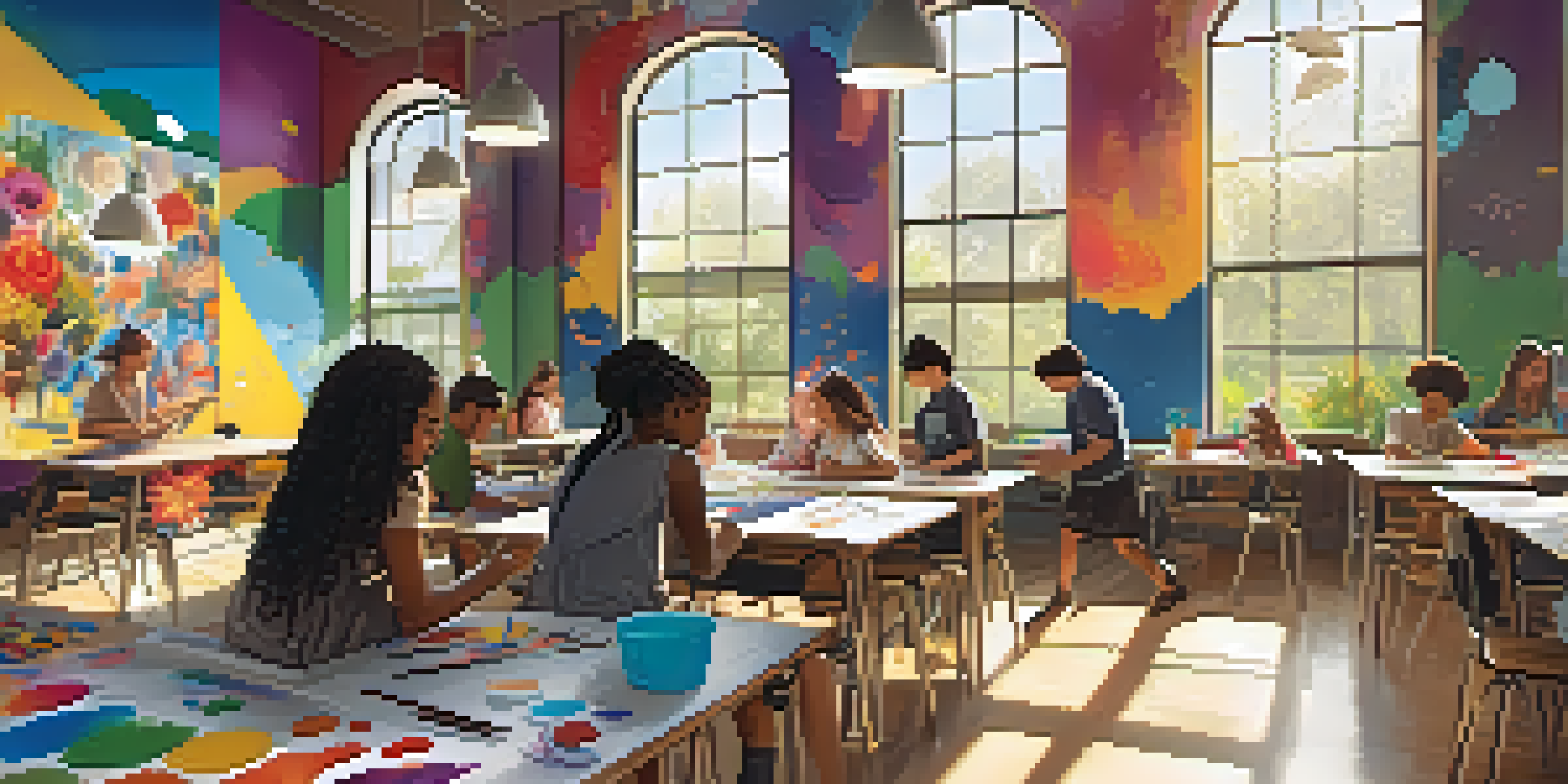 A bright classroom with students collaborating on a mural, surrounded by colorful art supplies and previous artworks on the walls.