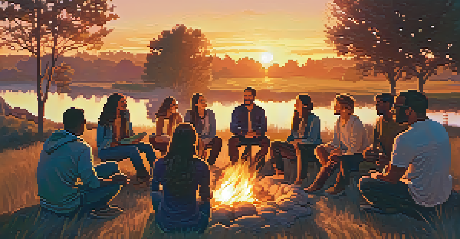 A group of individuals gathered around a fire at sunset, with trees in the background and a colorful sky, showing expressions of joy and unity.