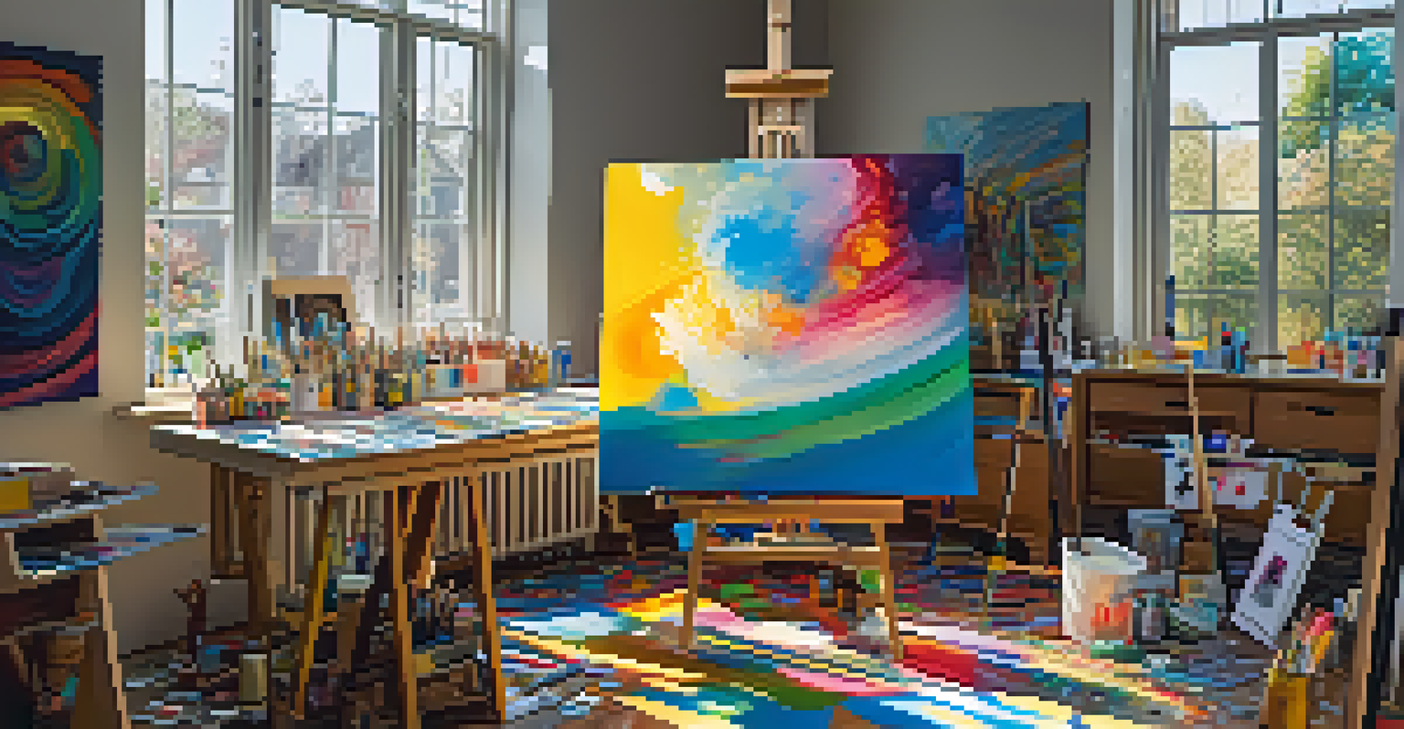A colorful artist's studio with an abstract painting on the easel and art supplies scattered around, illuminated by sunlight.