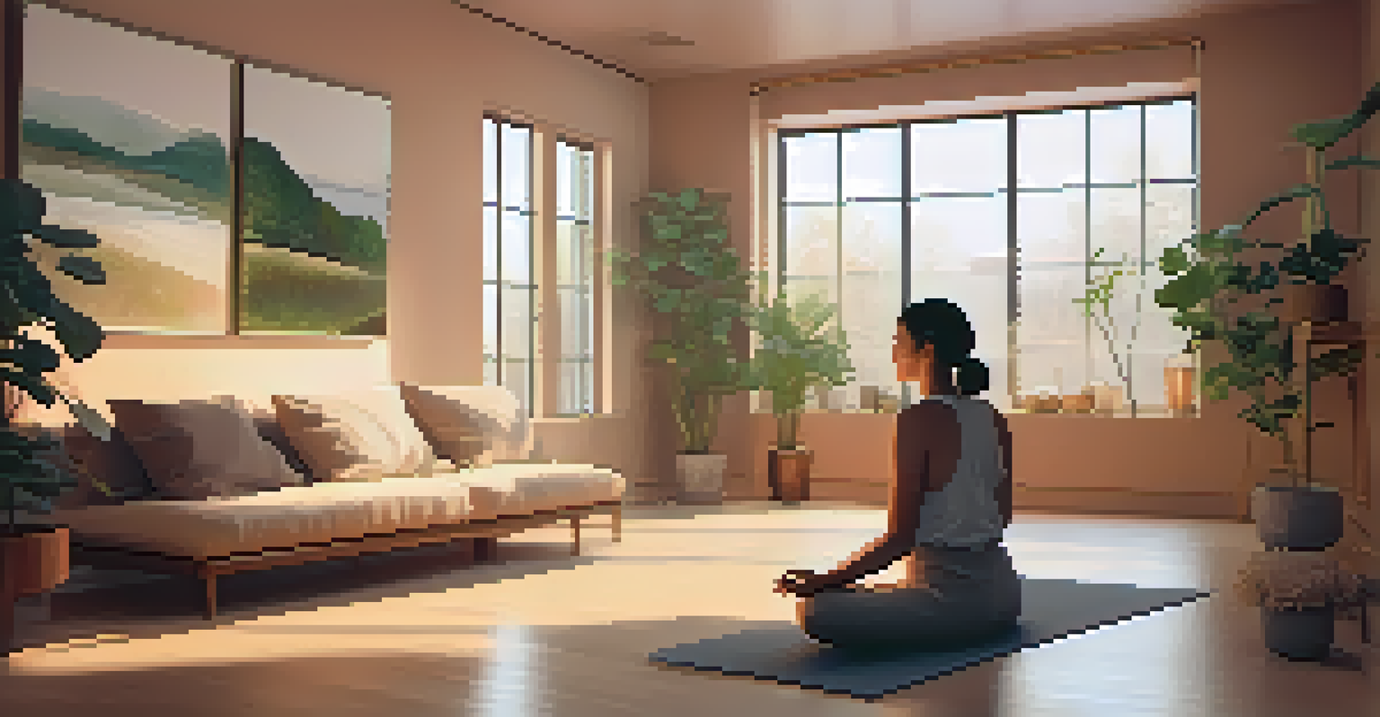 A calming indoor meditation space with ambient lighting, cushions, and plants, featuring a person practicing deep breathing on a mat.