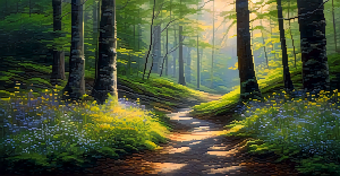 A peaceful forest at dawn with golden light, a winding path, and colorful wildflowers.