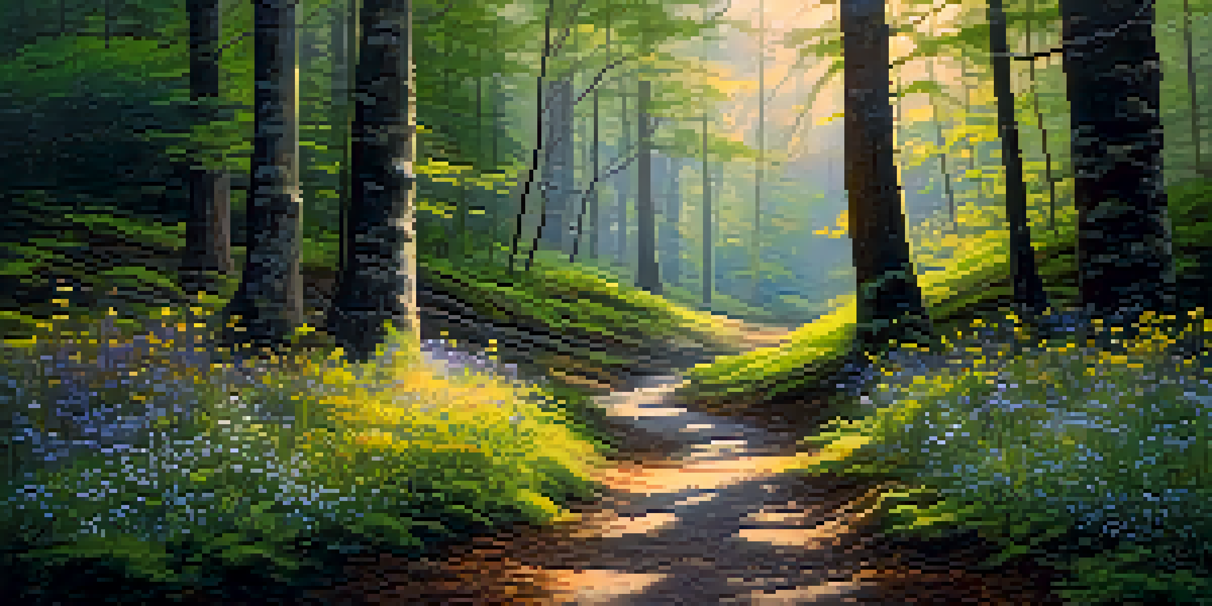 A peaceful forest at dawn with golden light, a winding path, and colorful wildflowers.
