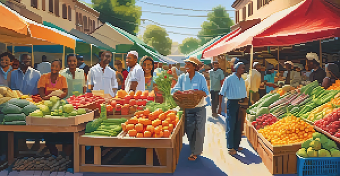 A lively outdoor market with diverse farmers showcasing fresh fruits and vegetables, emphasizing Fair Trade principles.
