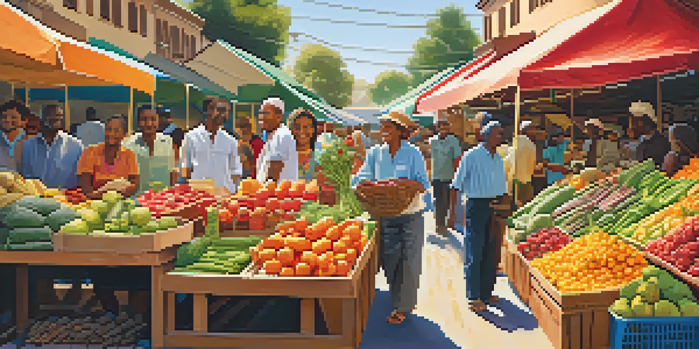 A lively outdoor market with diverse farmers showcasing fresh fruits and vegetables, emphasizing Fair Trade principles.