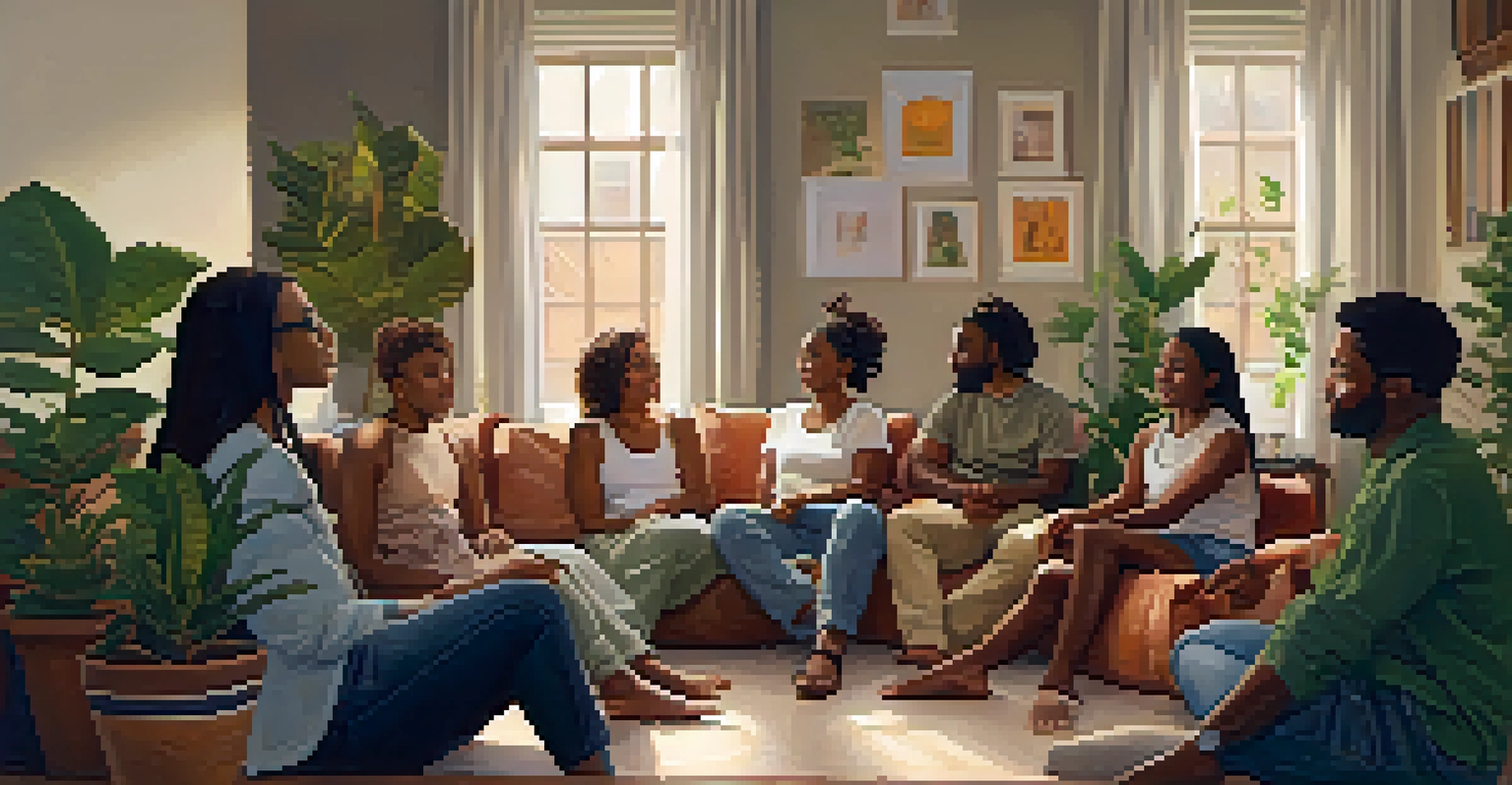 A diverse group of people seated in a circle, sharing their experiences in a warm, inviting room filled with plants.
