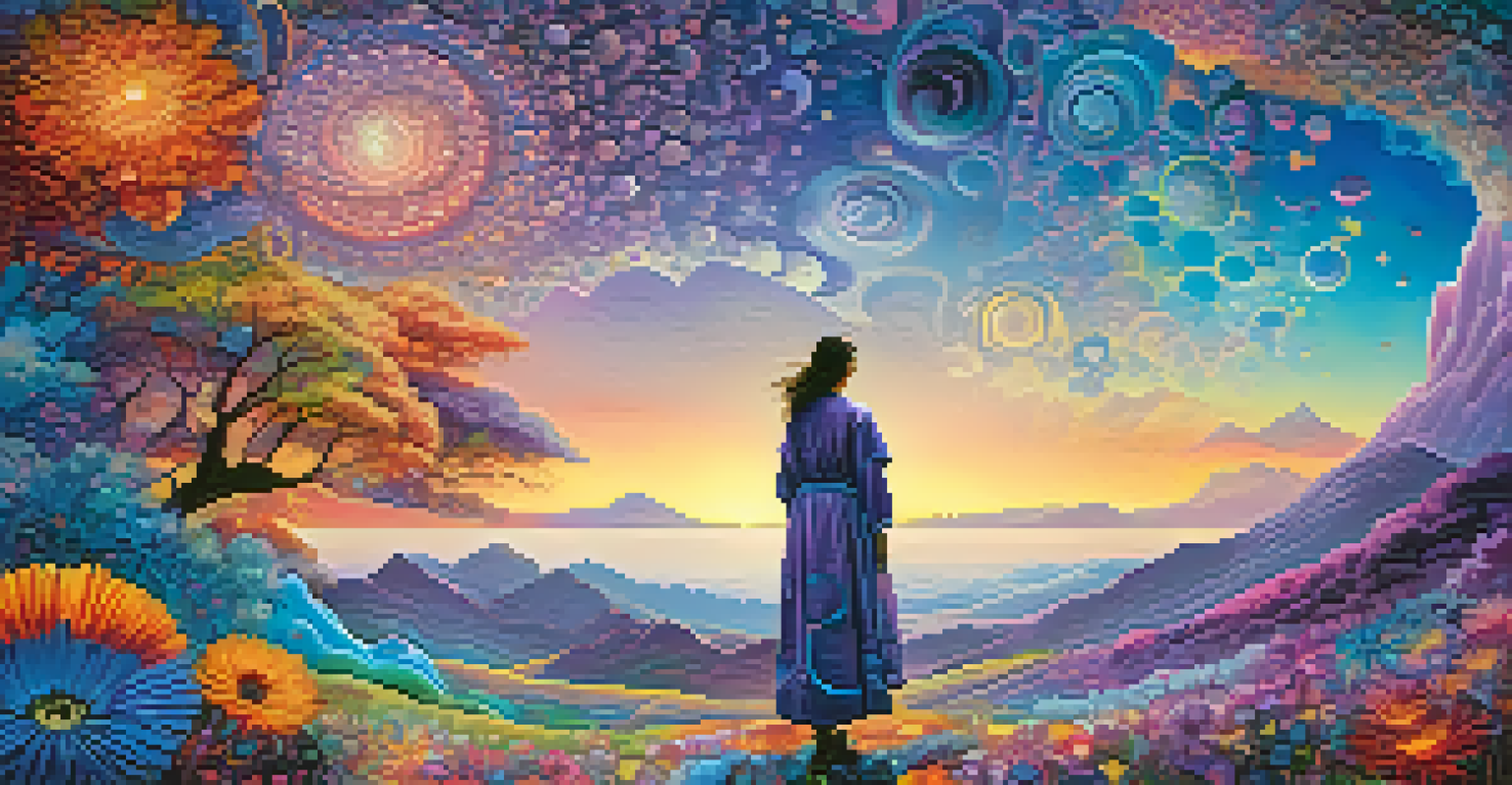 A surreal landscape with vivid colors and patterns, featuring a figure looking at abstract shapes in a dreamlike setting.