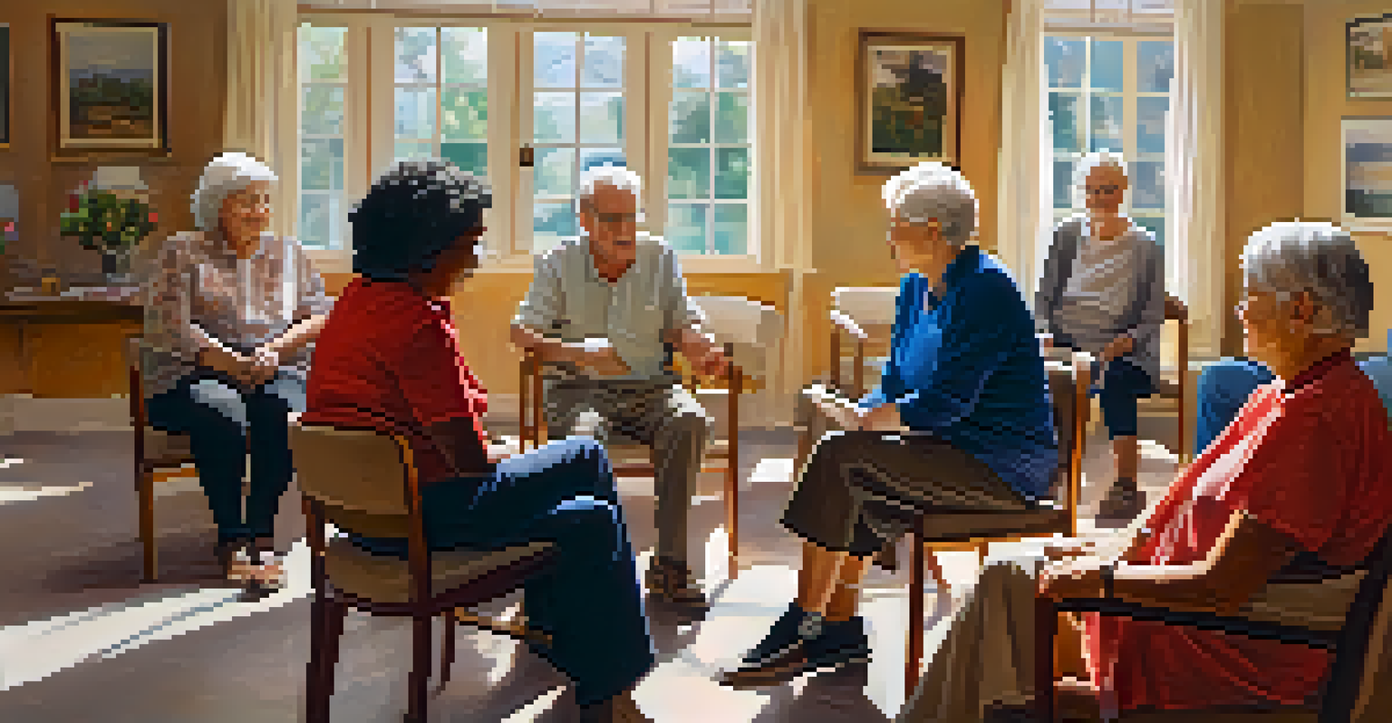 A group of elderly individuals engaged in a guided therapy session in a warm, inviting room with a facilitator.