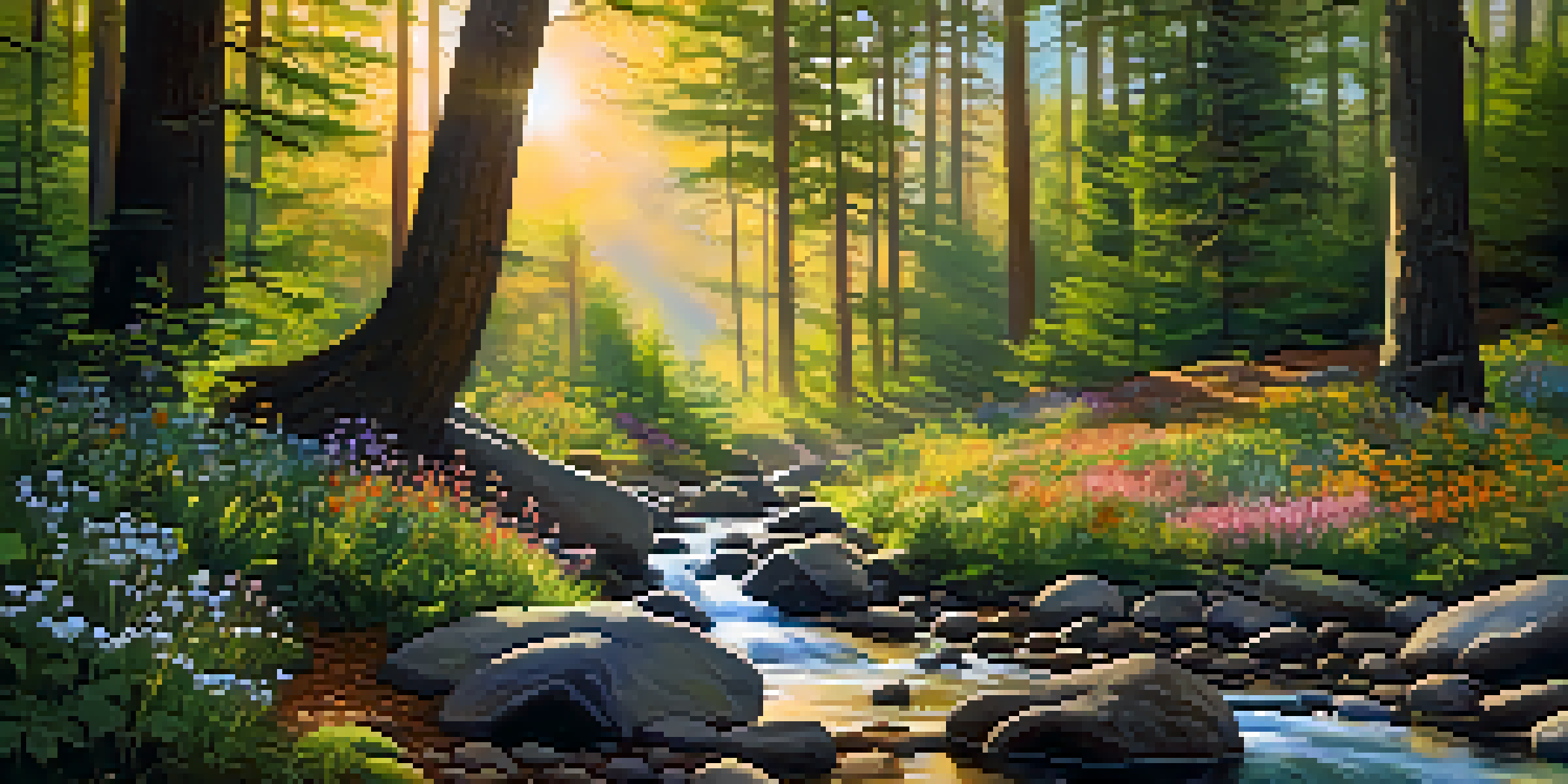 A peaceful forest with sunlight filtering through leaves and a stream flowing over stones, surrounded by colorful wildflowers.