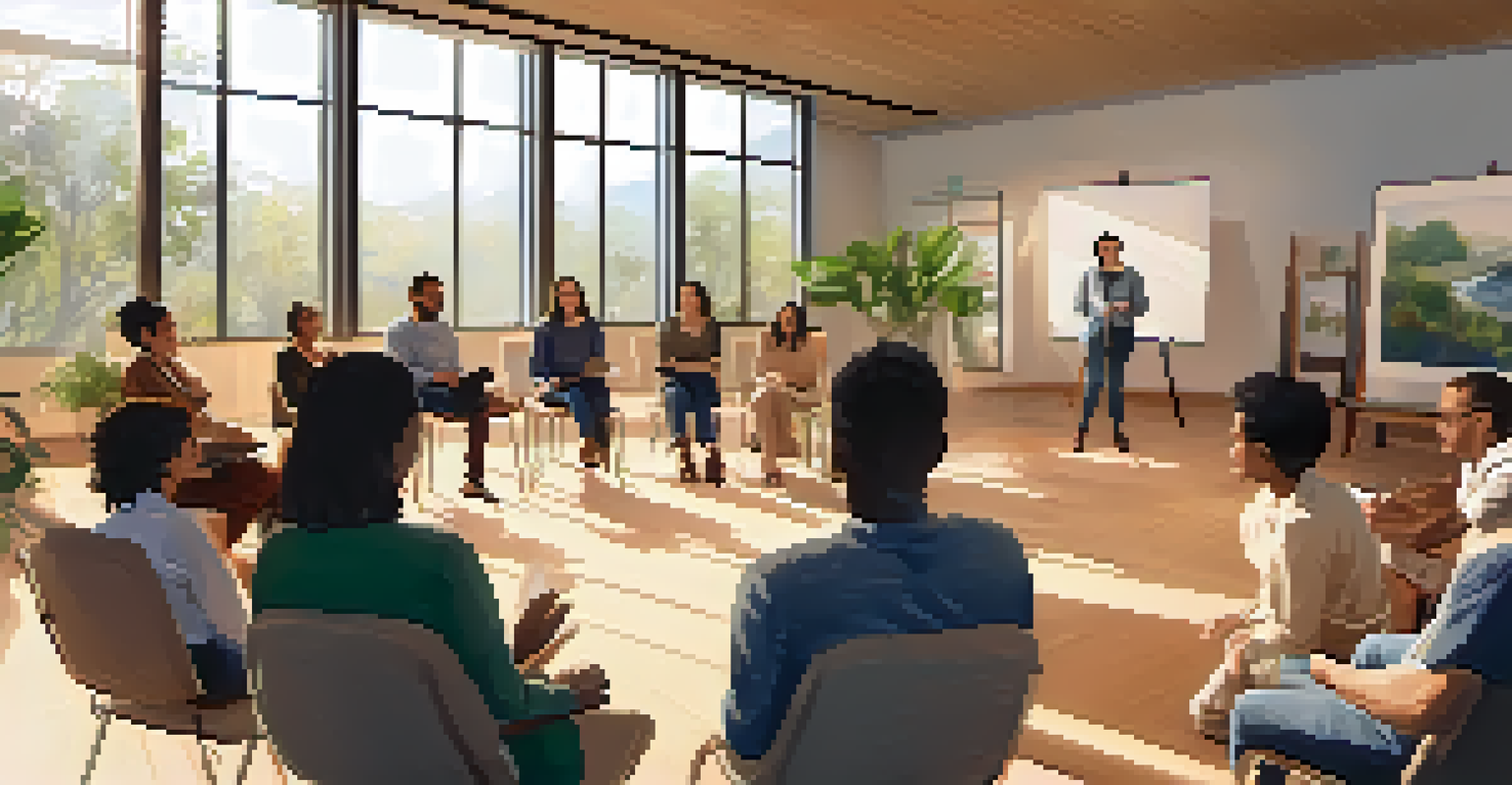 A facilitator guiding a group session in a cozy space, surrounded by cushions and soft lighting, with an atmosphere of trust.