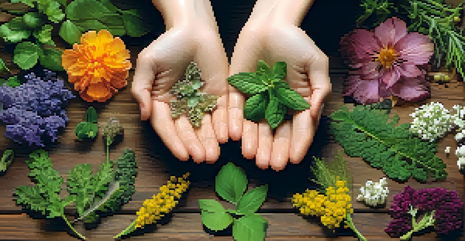 Close-up of diverse women's hands holding natural plants and herbs on a wooden table.