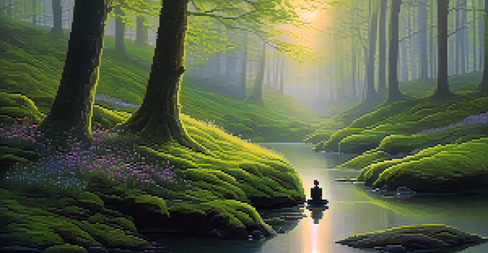 A peaceful forest at dawn with a person meditating on a rock, surrounded by greenery and mist.