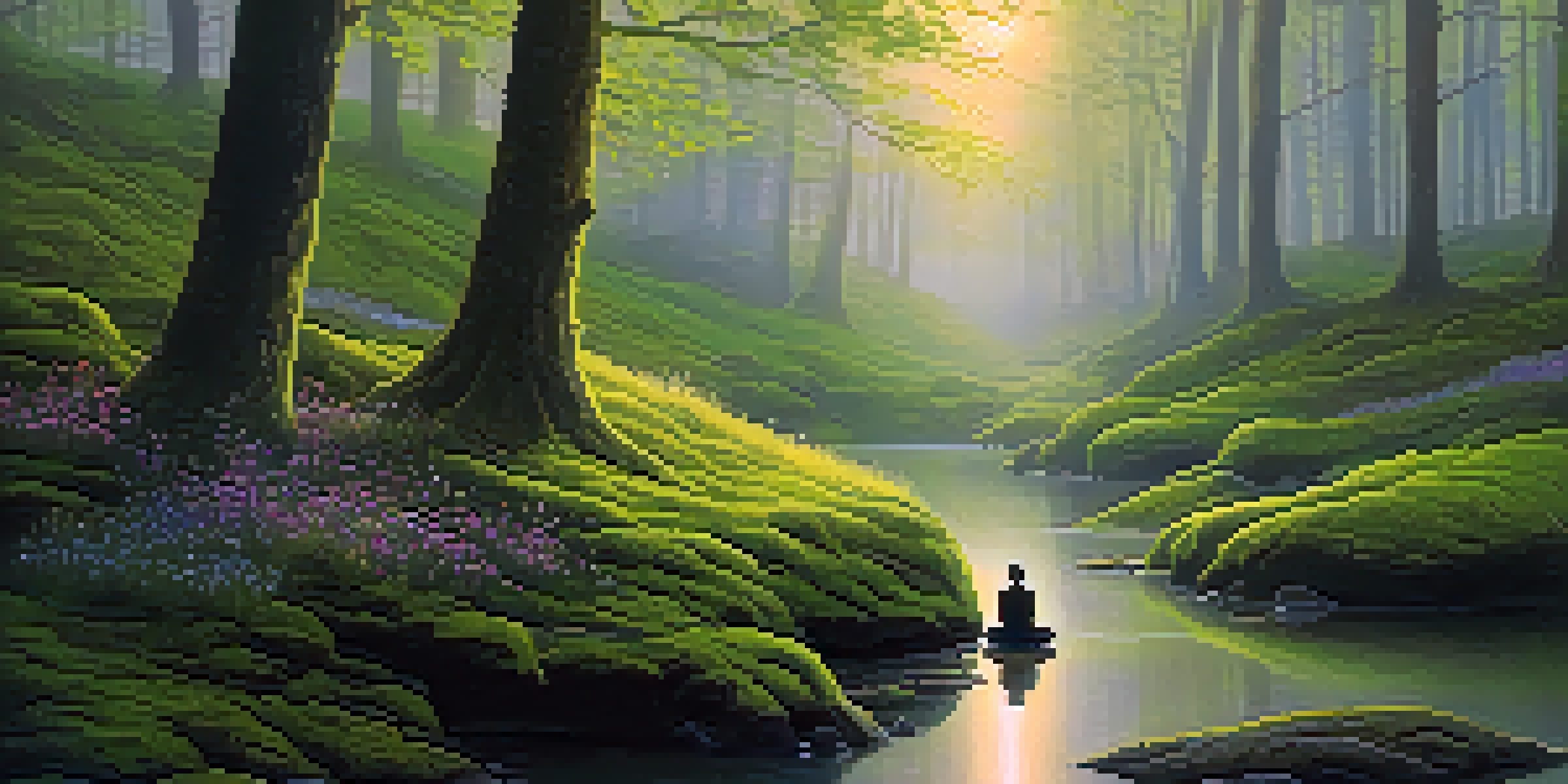 A peaceful forest at dawn with a person meditating on a rock, surrounded by greenery and mist.