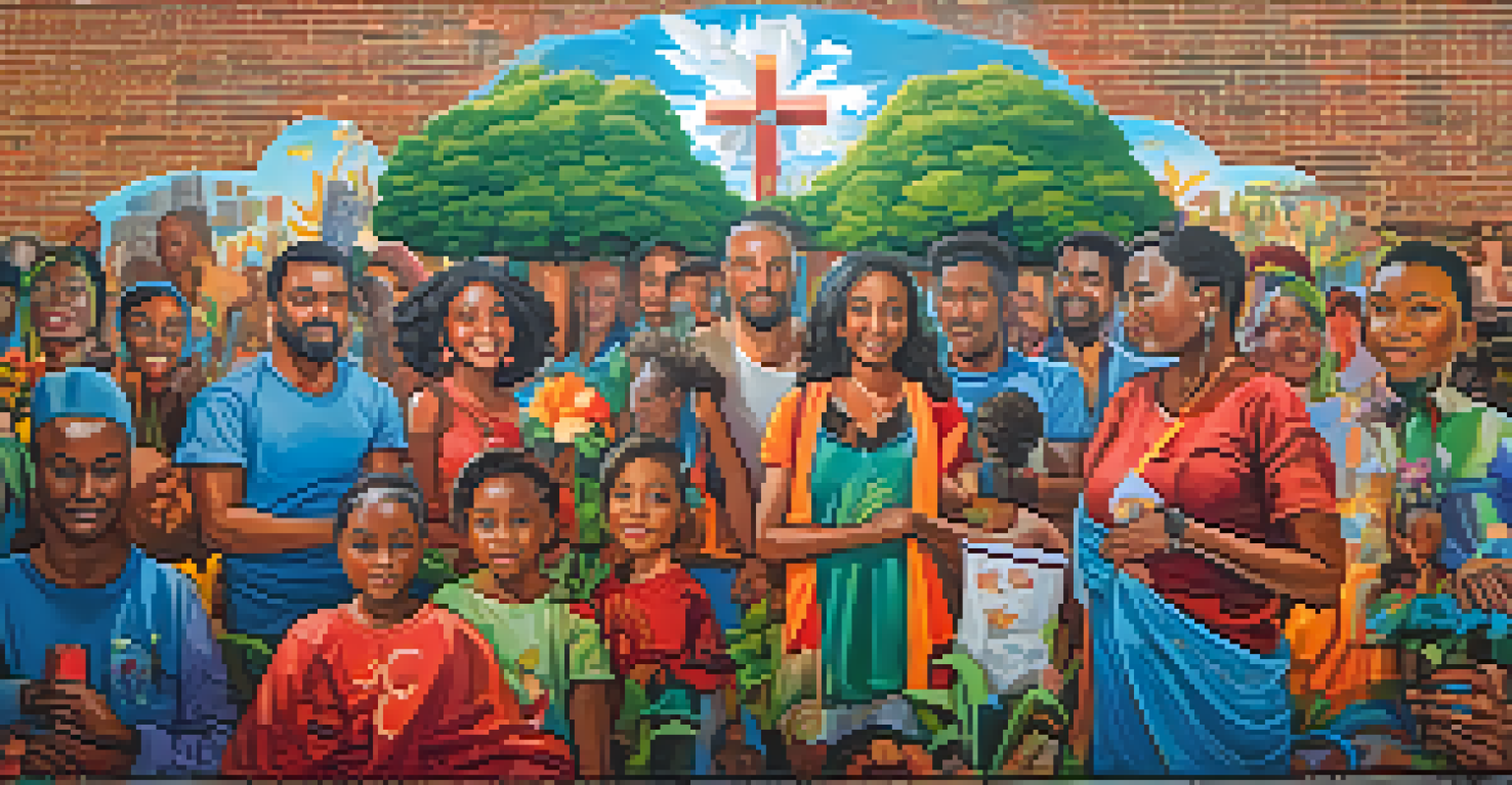 A colorful mural illustrating social justice themes with people from different cultures holding hands and surrounded by nature symbols.