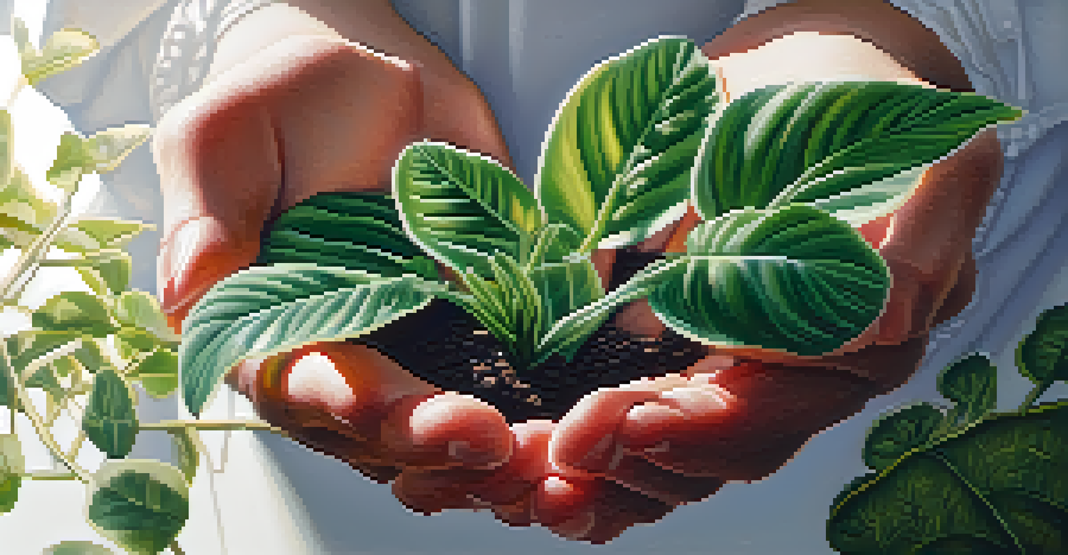 Close-up of hands gently holding a vibrant plant with intricate leaves, highlighting the respect for nature in rituals.