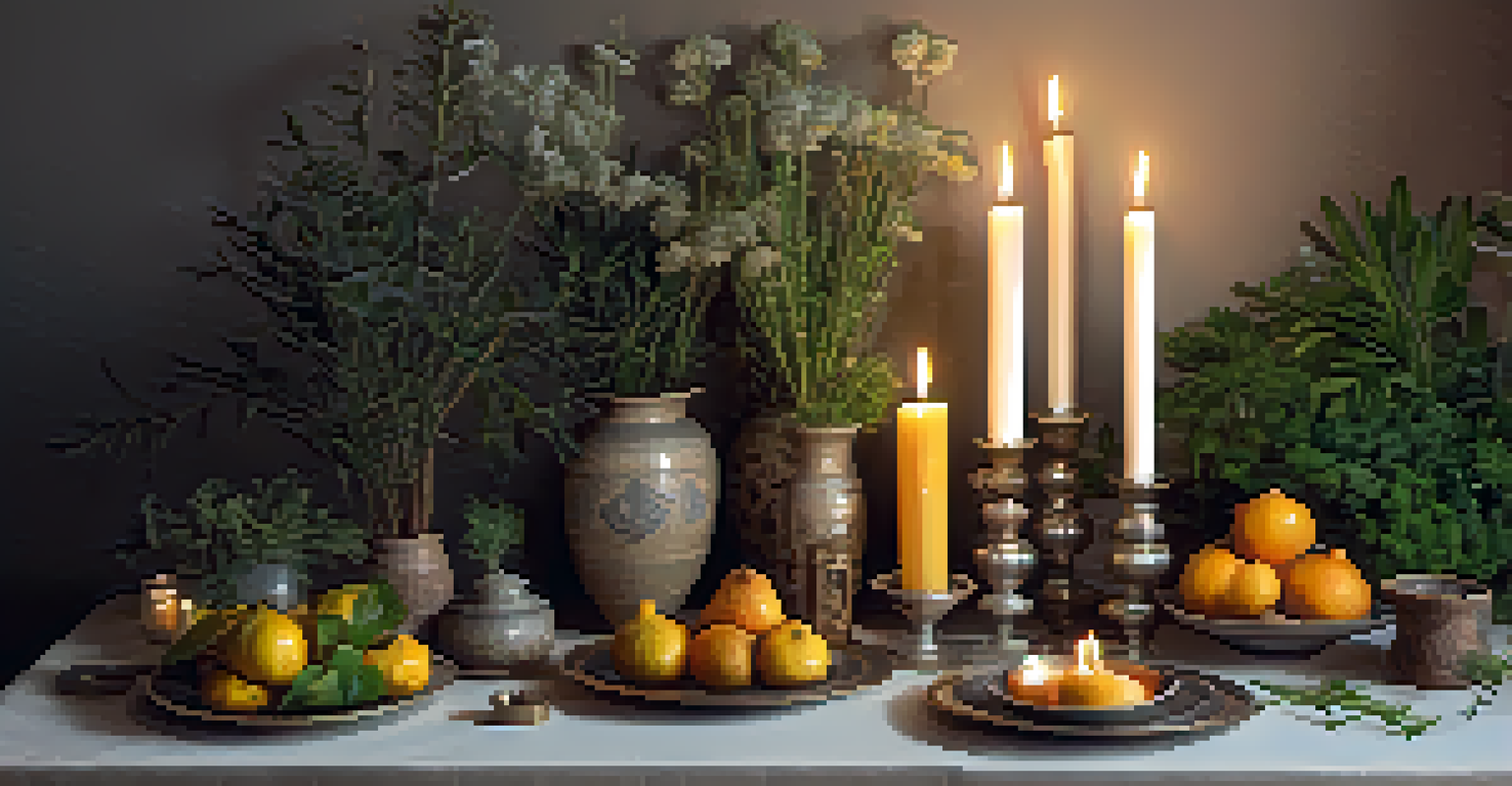 A close-up of a table displaying natural entheogen plants and herbs, candles, and cultural artifacts, creating a cozy and respectful atmosphere.