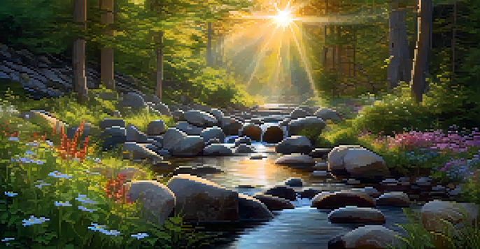 A peaceful forest scene with sunlight filtering through leaves, a stream flowing over stones, and vibrant wildflowers.