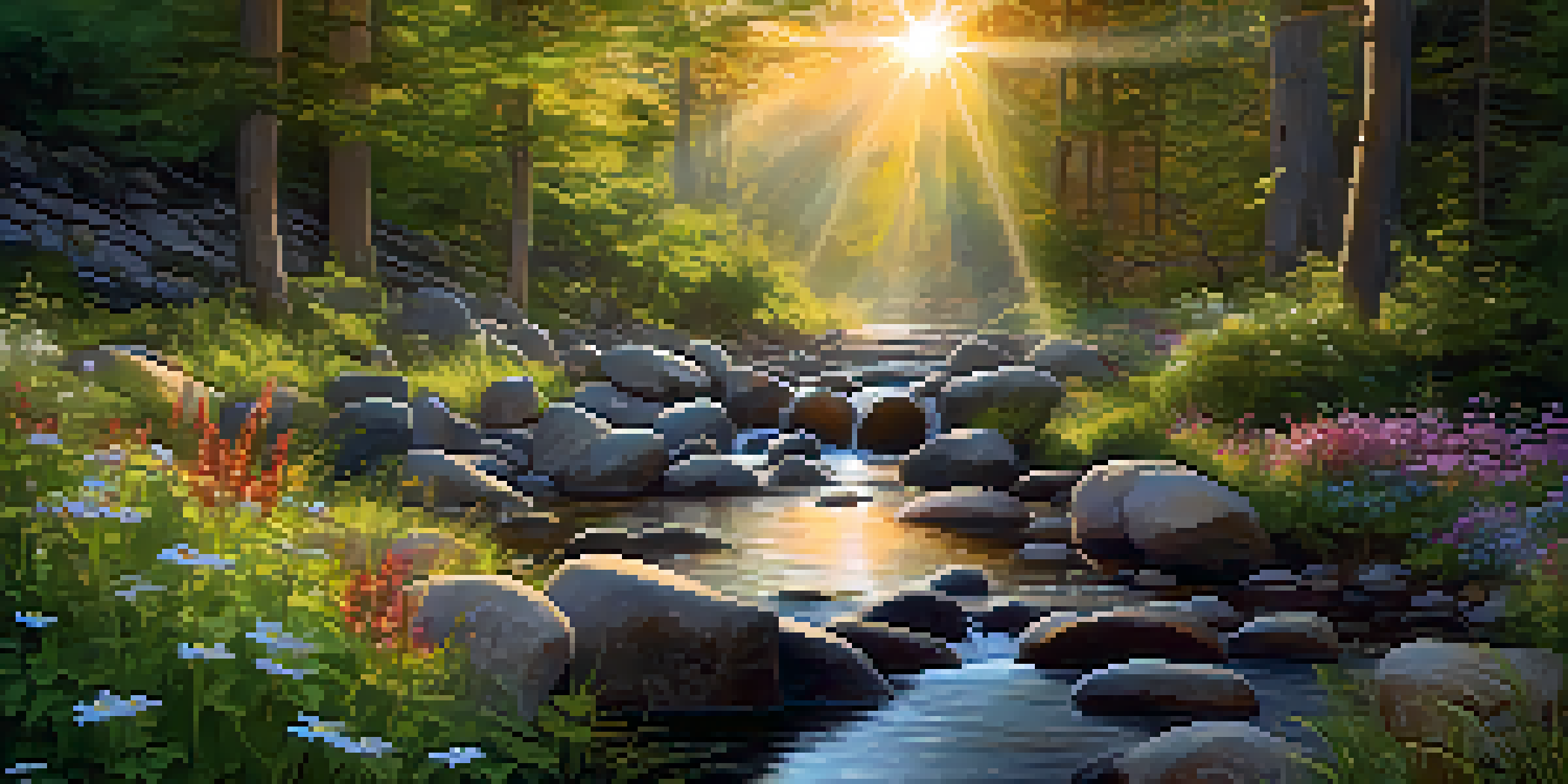 A peaceful forest scene with sunlight filtering through leaves, a stream flowing over stones, and vibrant wildflowers.