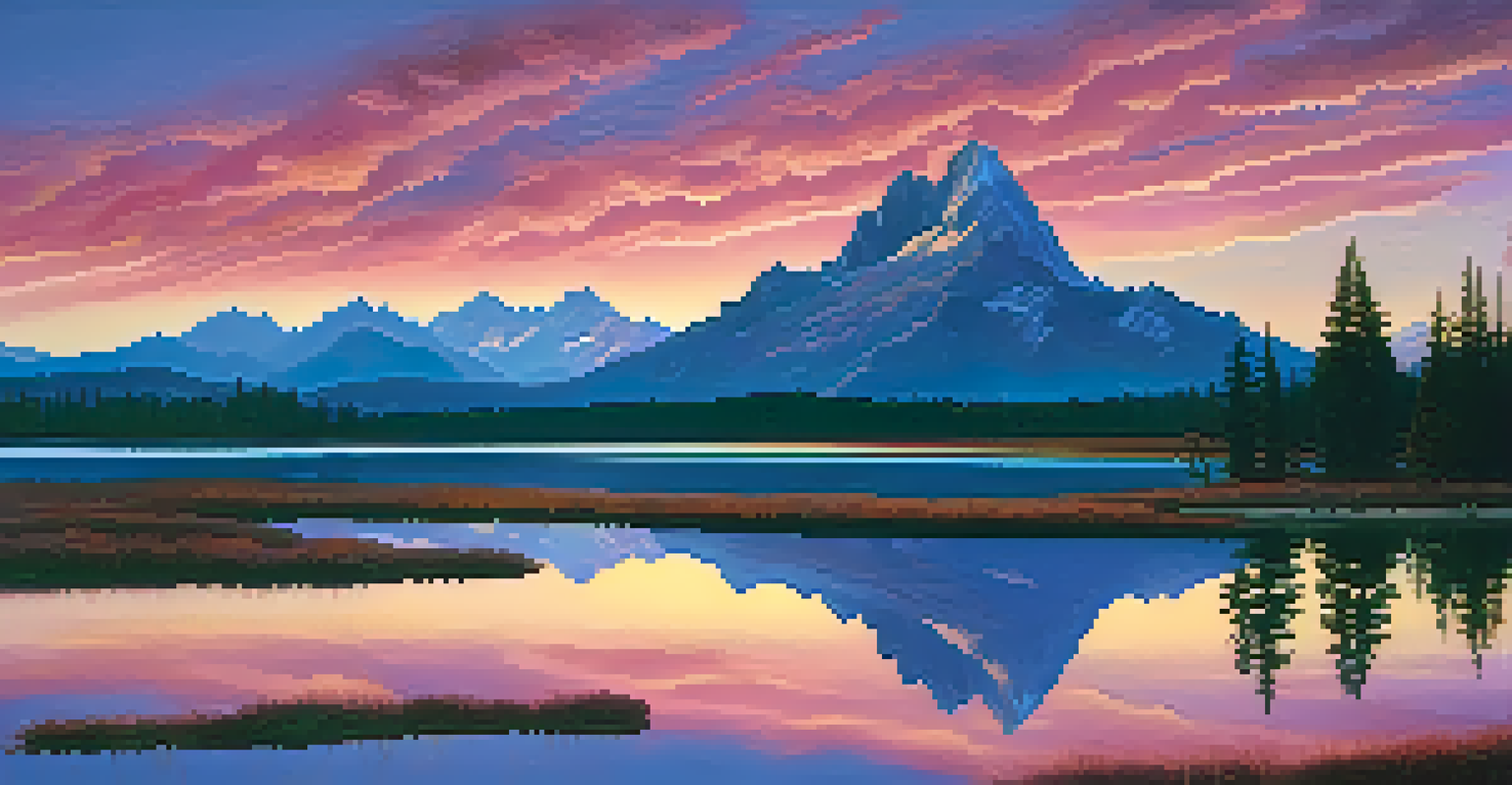 A stunning mountain landscape at dusk with a colorful sky and a reflective lake, creating a sense of tranquility.