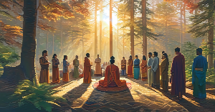 A diverse group of people in traditional clothing gathered in a forest for a ceremonial ritual, surrounded by nature and warm golden light.