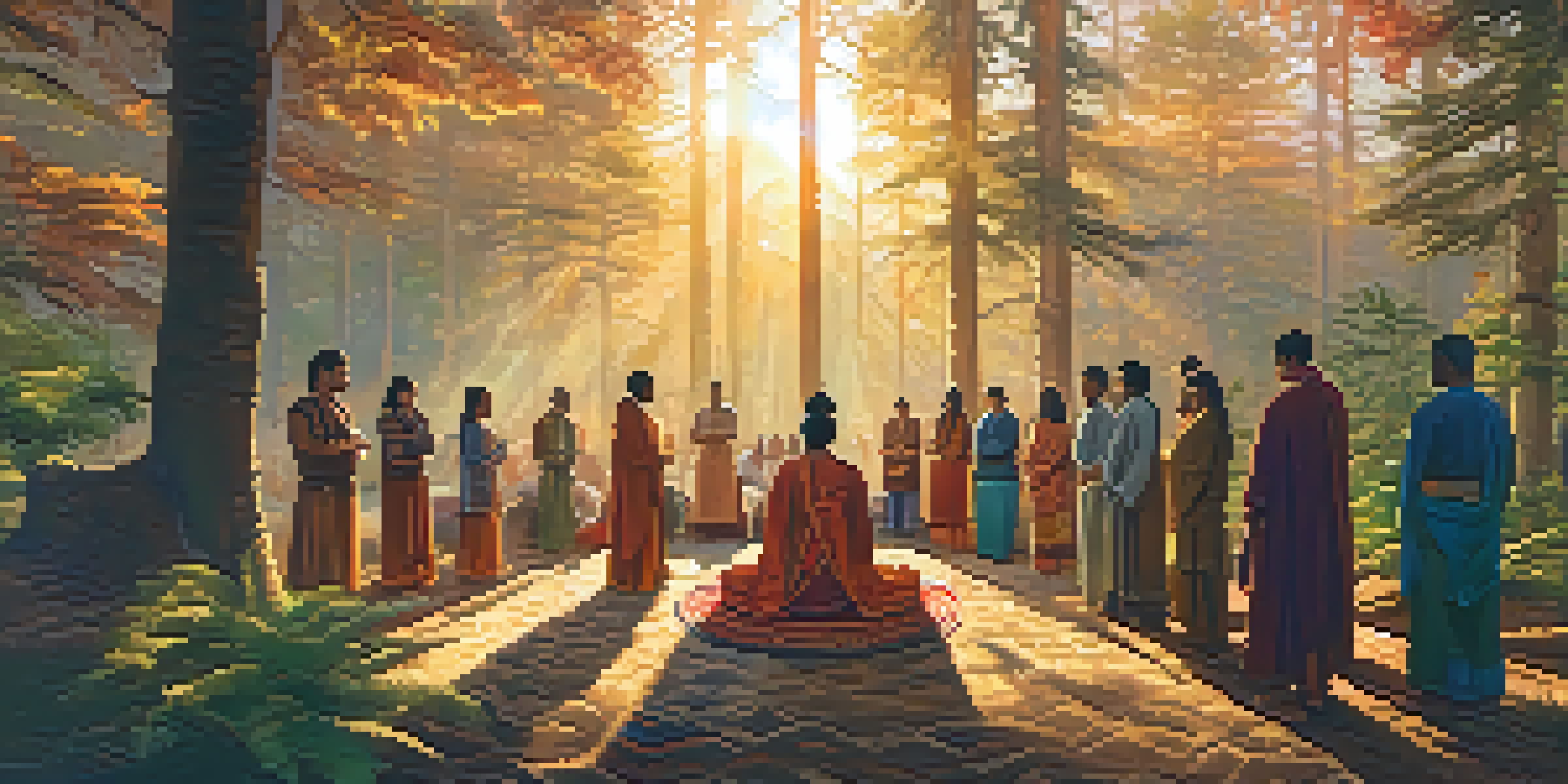 A diverse group of people in traditional clothing gathered in a forest for a ceremonial ritual, surrounded by nature and warm golden light.
