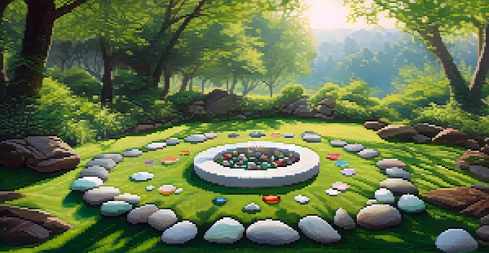 An outdoor ritual space with colorful stones and crystals arranged in a circle on grass, surrounded by trees with sunlight filtering through leaves.