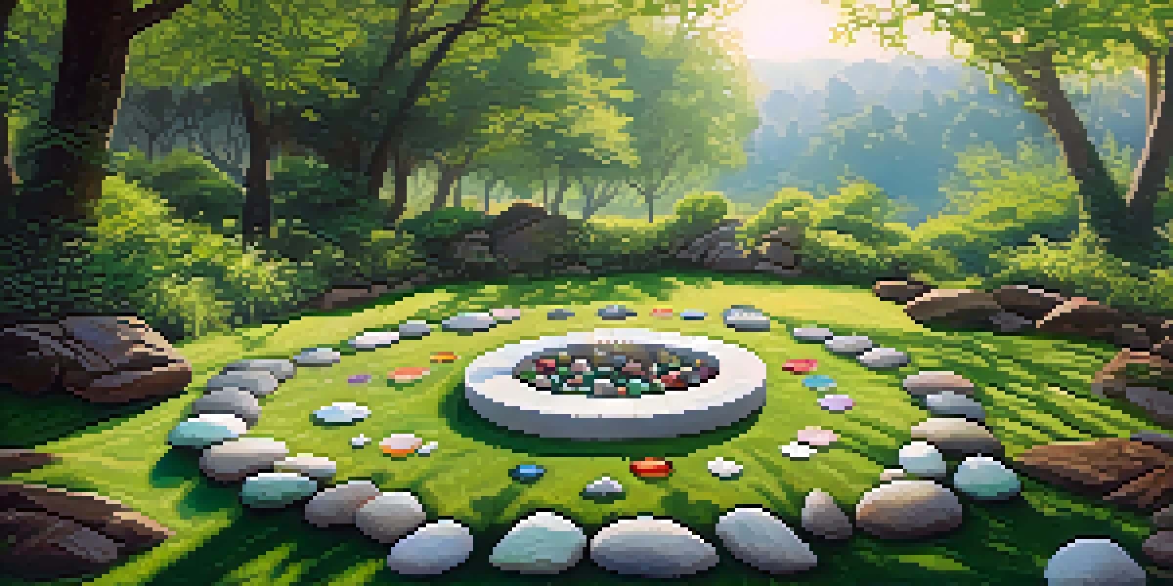 An outdoor ritual space with colorful stones and crystals arranged in a circle on grass, surrounded by trees with sunlight filtering through leaves.