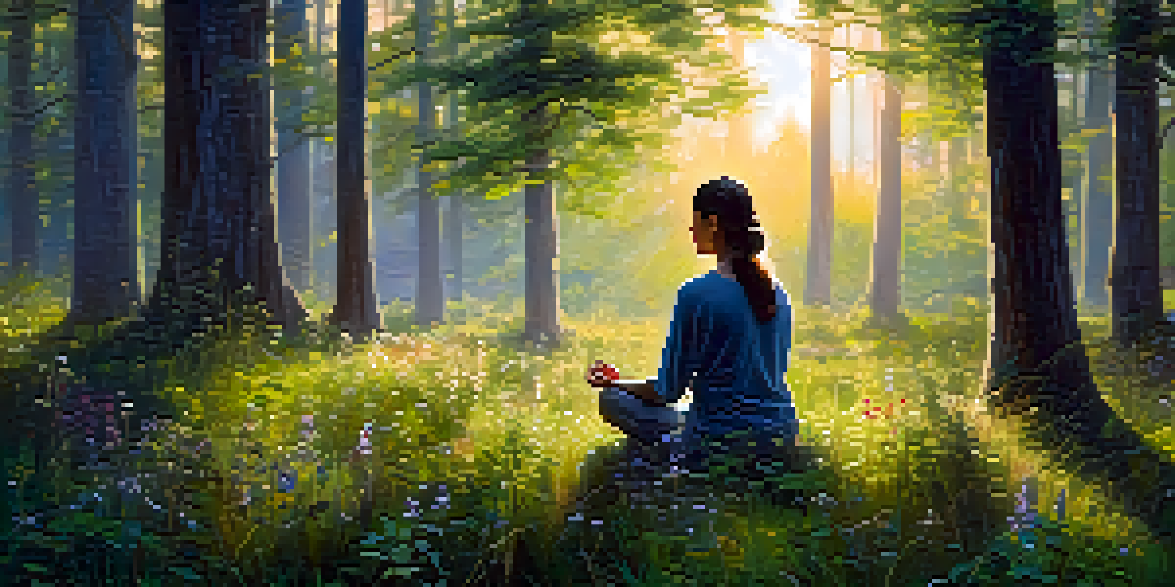 A peaceful forest with a person meditating amidst colorful wildflowers in the morning light.
