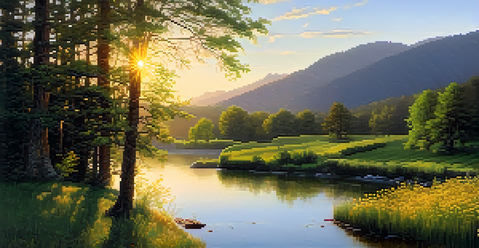 A picturesque river flowing through a green valley, with trees and wildflowers, bathed in golden sunlight, representing ecological balance and tranquility.