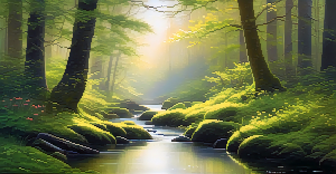 A peaceful forest scene at dawn with sunlight filtering through trees, lush moss, and a flowing stream.