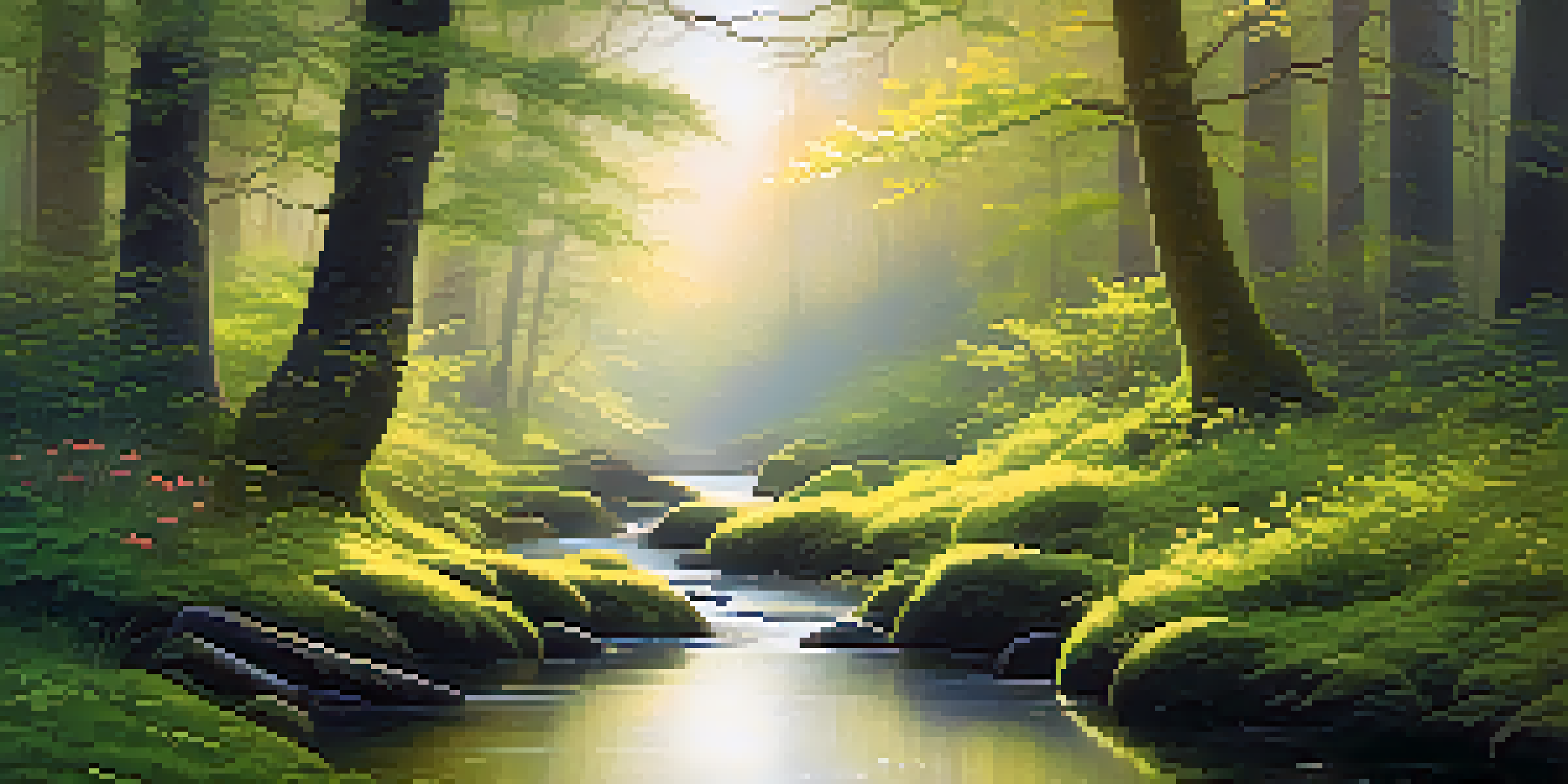 A peaceful forest scene at dawn with sunlight filtering through trees, lush moss, and a flowing stream.