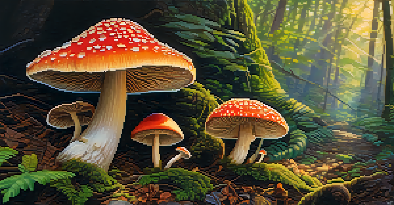 Close-up of colorful psychedelic mushrooms growing in a forest, illuminated by sunlight filtering through the trees.