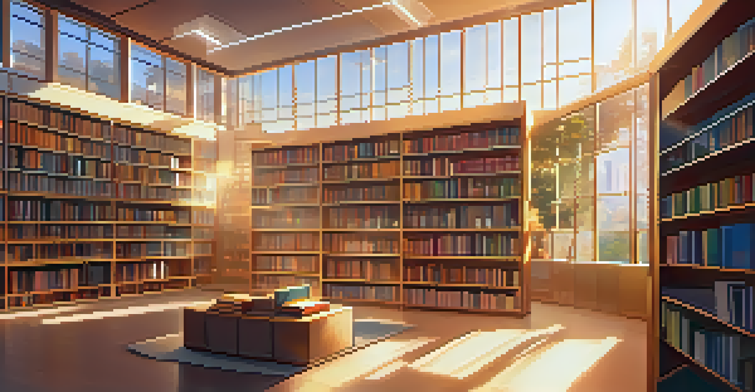 A public library with organized books and a digital screen displaying blockchain information, illuminated by warm sunlight.