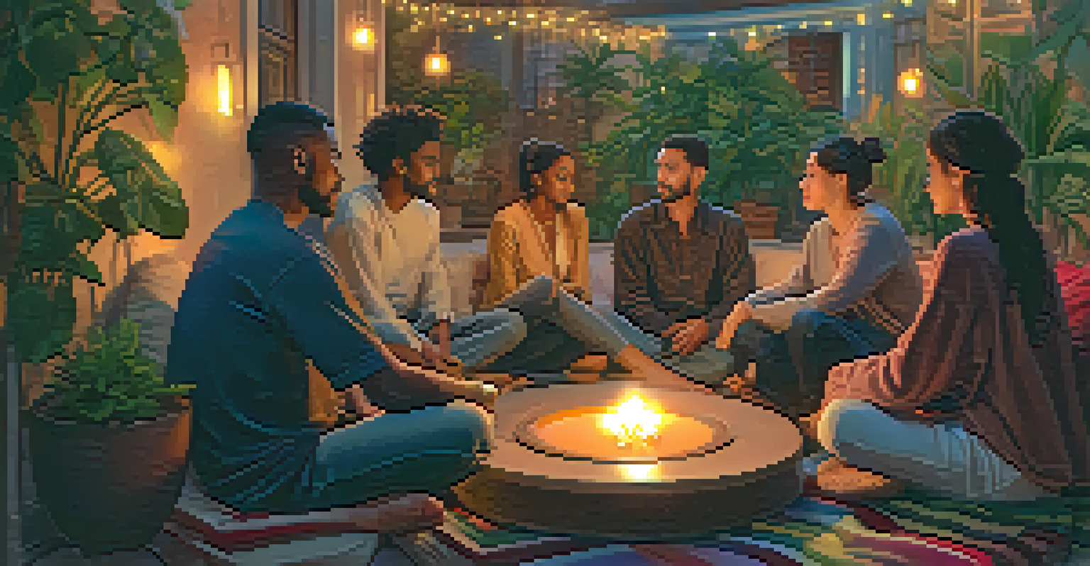A warm integration circle with people seated on cushions, discussing and sharing insights, surrounded by candles.