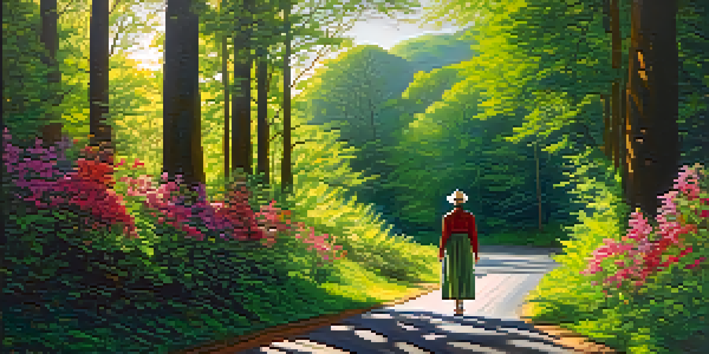 A person standing at a fork in a winding road surrounded by lush greenery and sunlight filtering through the trees.
