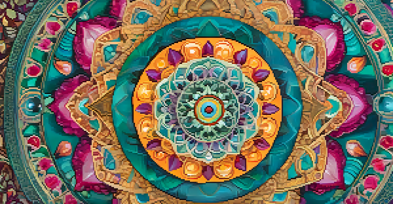 An intricate mandala made of flowers, leaves, and mushrooms with vibrant colors set against a textured background.