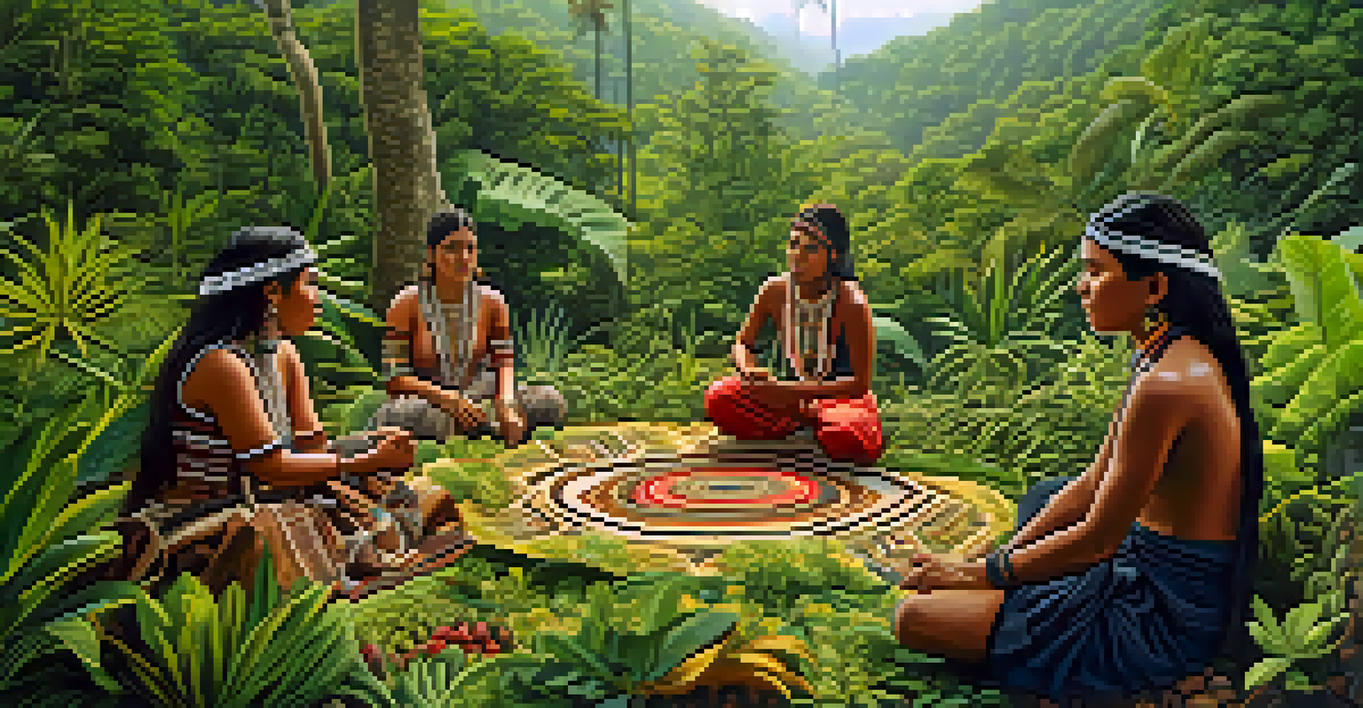 Indigenous community engaged in traditional practices amidst lush greenery, showcasing cultural significance.