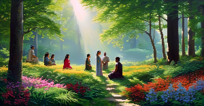 A peaceful forest scene featuring a diverse group of people in a spiritual ceremony, surrounded by vibrant flowers and sunlight.