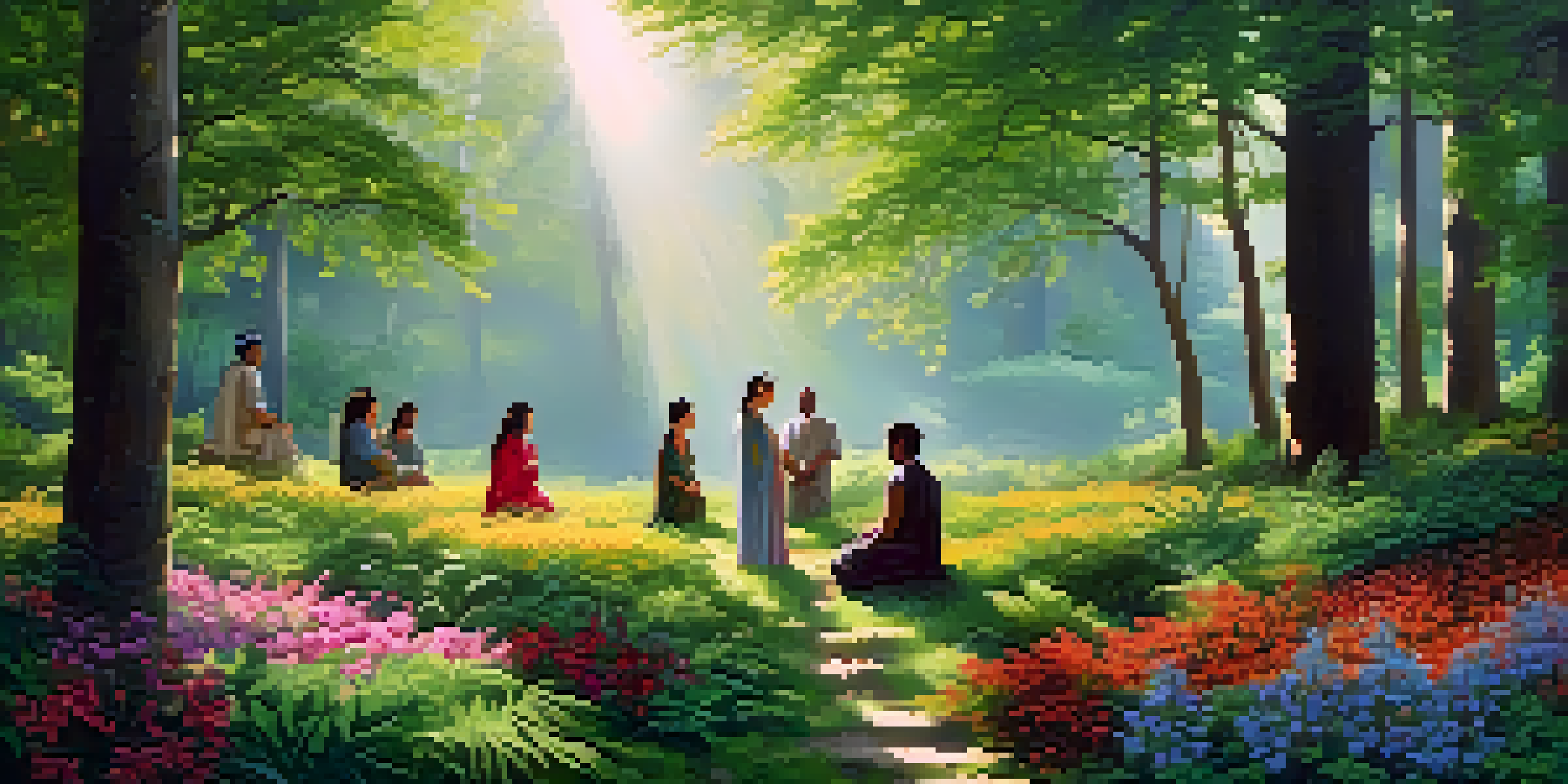 A peaceful forest scene featuring a diverse group of people in a spiritual ceremony, surrounded by vibrant flowers and sunlight.