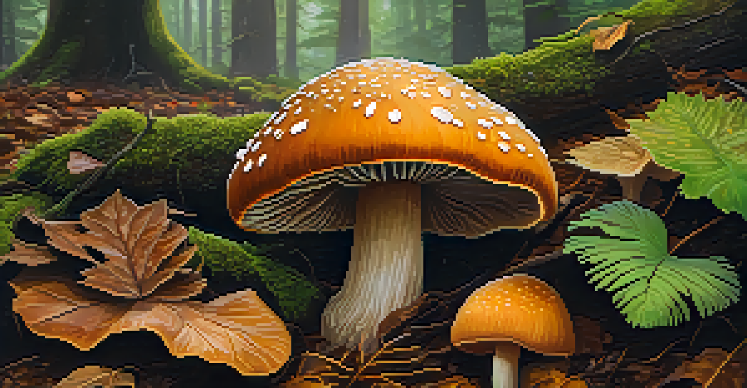 Close-up of a colorful psilocybin mushroom surrounded by leaves and moss on a forest floor.