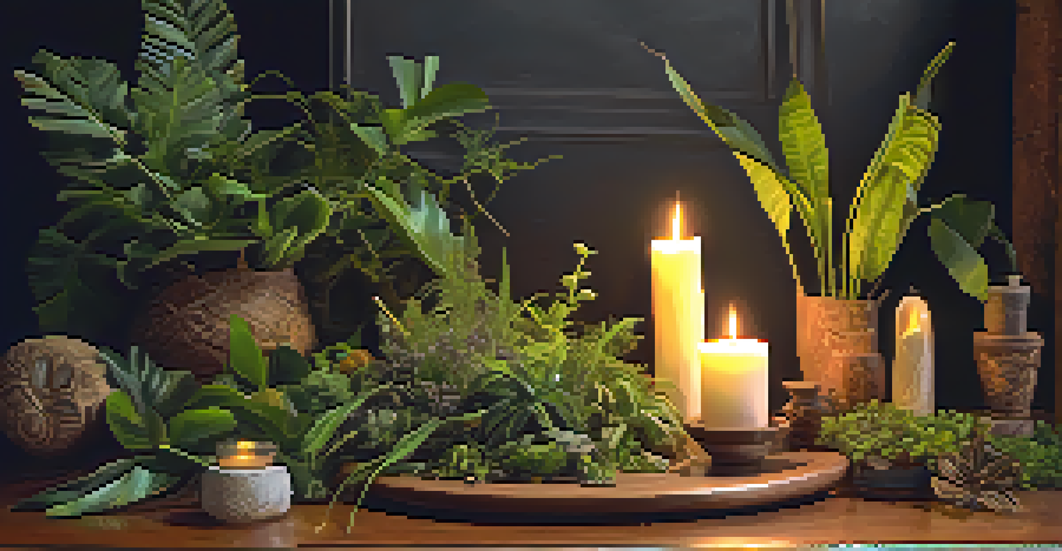 Close-up of entheogenic plants on a wooden altar, illuminated by soft candlelight.