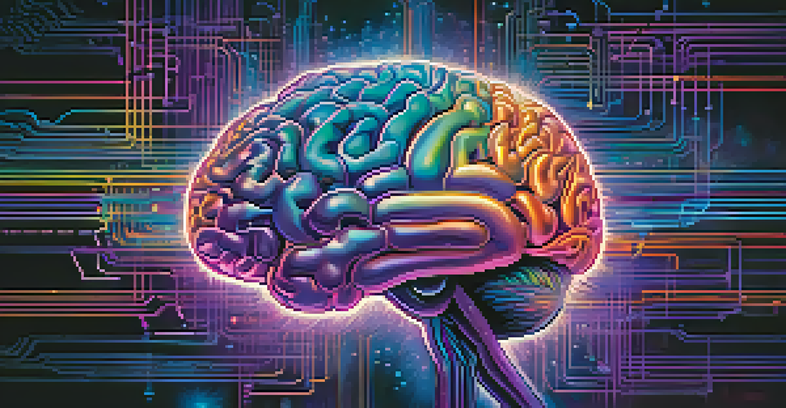 An abstract illustration of a brain with glowing pathways and serotonin molecules.