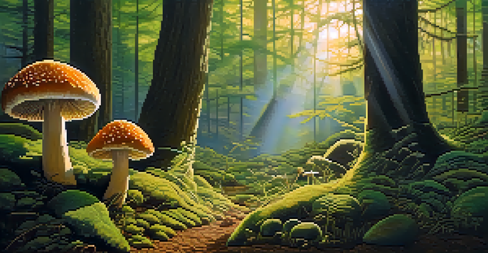 A peaceful forest with golden morning light illuminating colorful mushrooms among moss and soil.