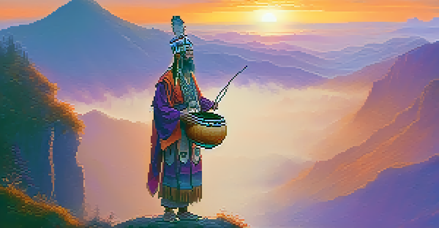 A shaman in traditional clothes standing on a cliff at sunset, surrounded by glowing mushrooms and a colorful sky.