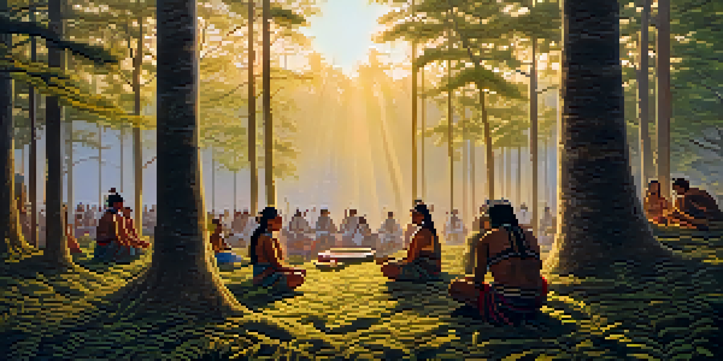 A peaceful forest at dawn with indigenous people in traditional attire performing a spiritual ceremony.