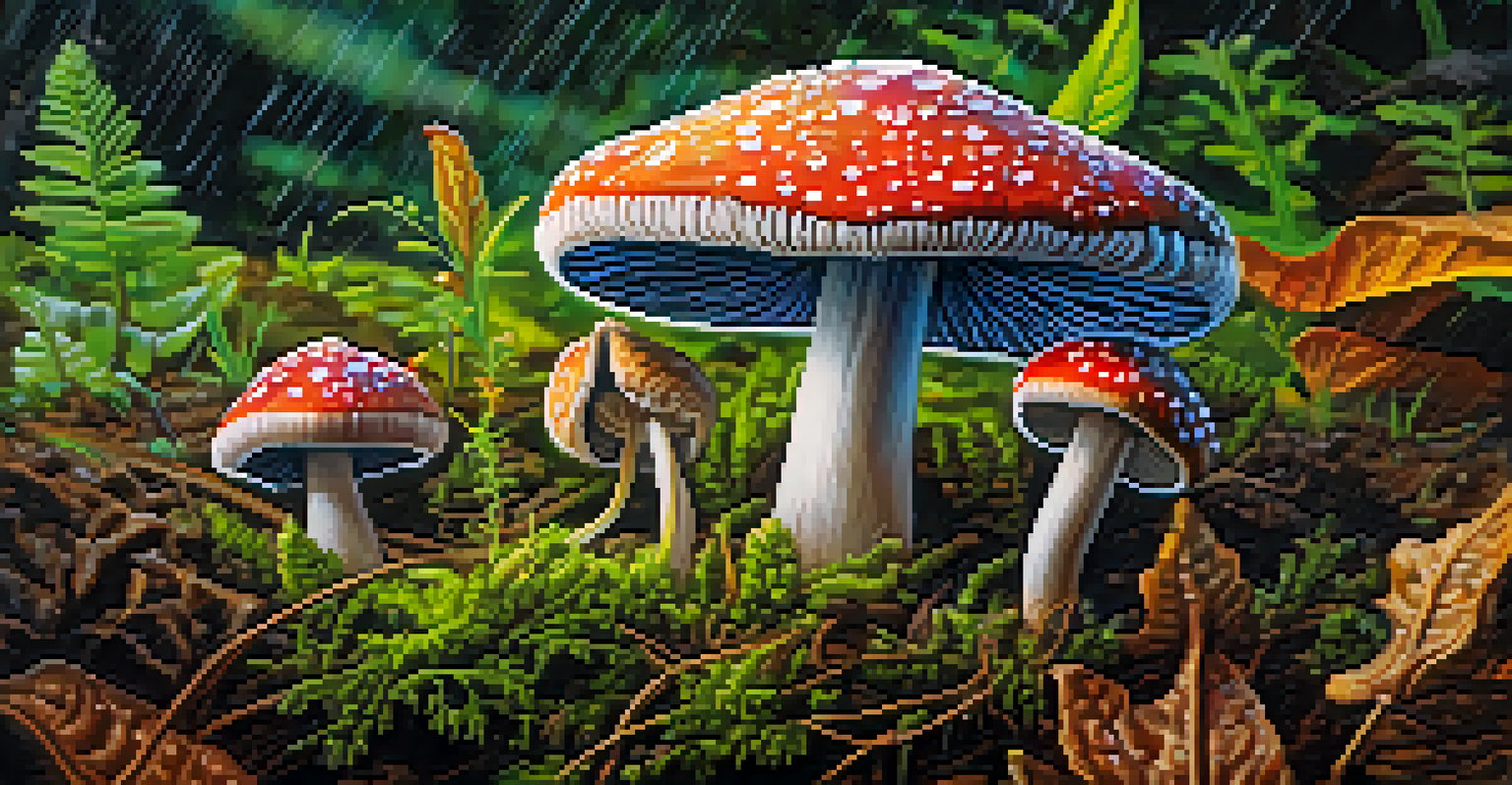 A close-up of a colorful psychedelic mushroom on a textured background of leaves and soil, with dew droplets.