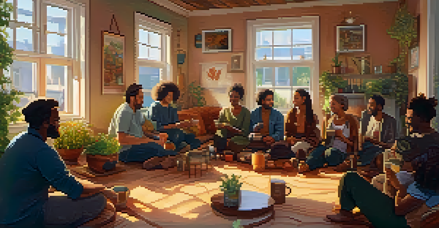 A cozy community gathering with people sharing stories in a warmly lit room, surrounded by art inspired by entheogens.