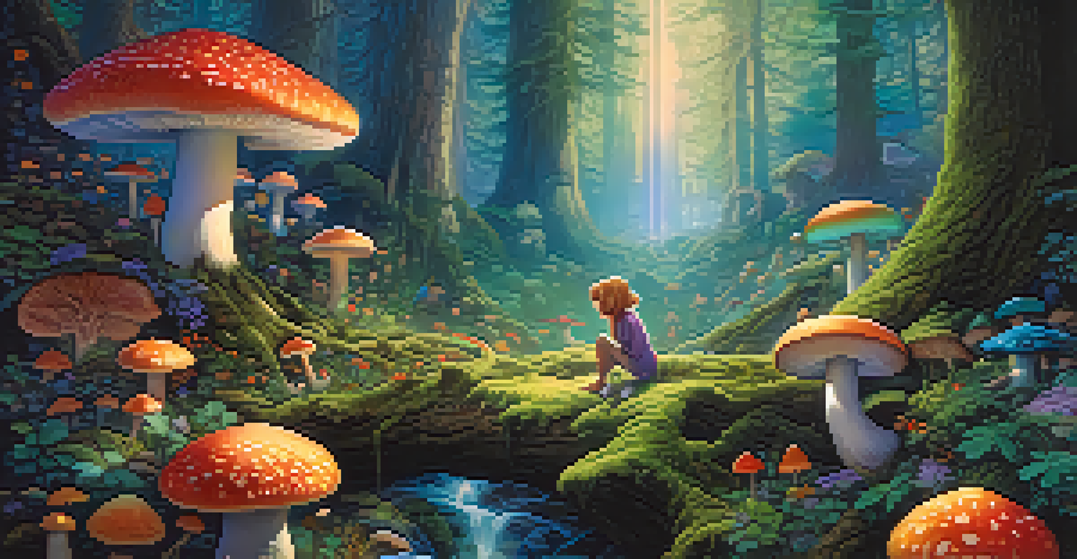 A vibrant forest scene with a person meditating among colorful mushrooms, surrounded by swirling patterns of light and vibrant colors.