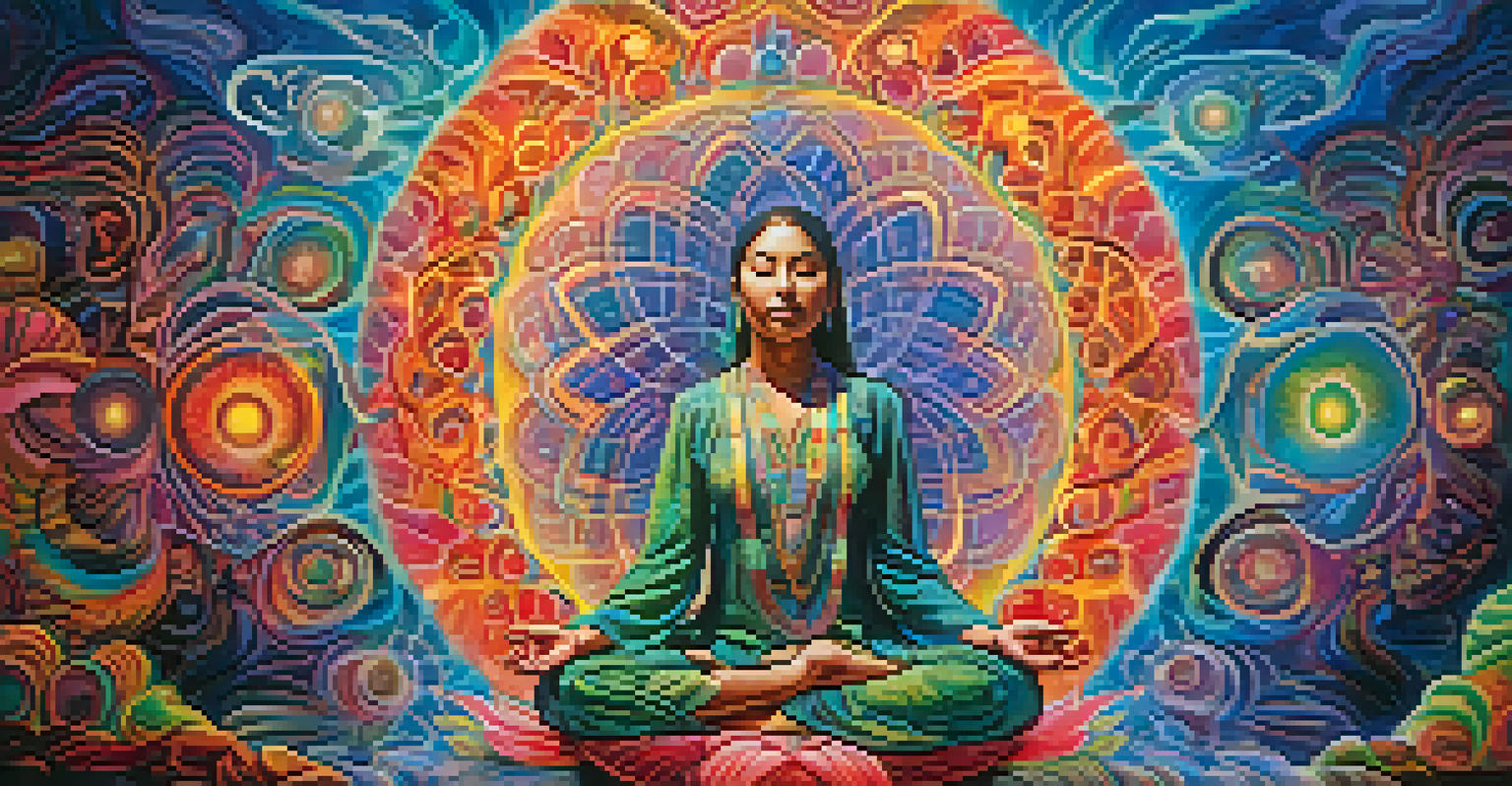 An artistic depiction of a figure meditating during an Ayahuasca experience, surrounded by swirling colors and abstract nature elements, symbolizing inner unity.