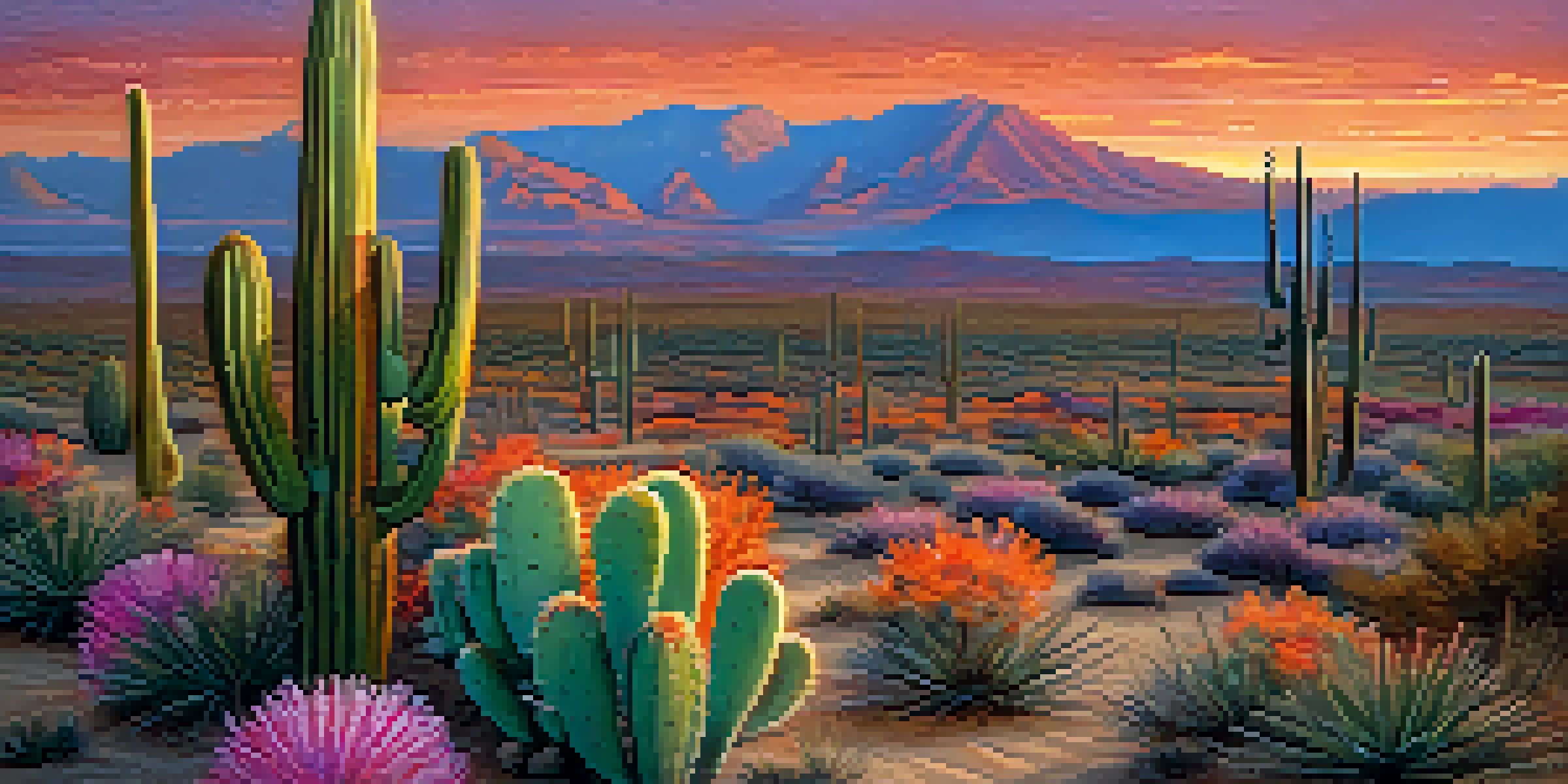 A vibrant peyote cactus in a desert landscape during sunset, with a colorful sky and soft textures of sand and mountains in the background.